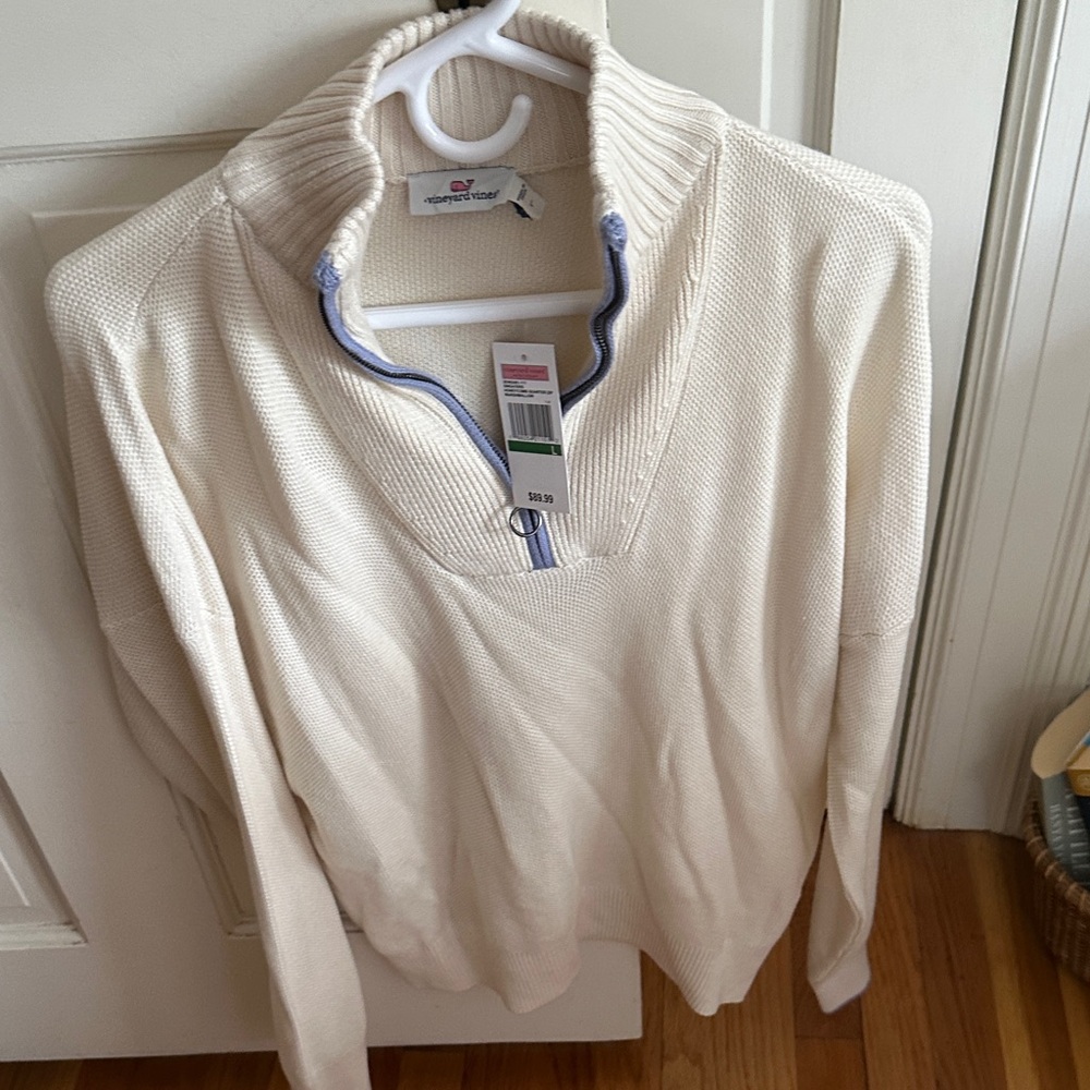 NWT Vineyard Vines Ivory Quarter-Zip Sweater with purple Trim